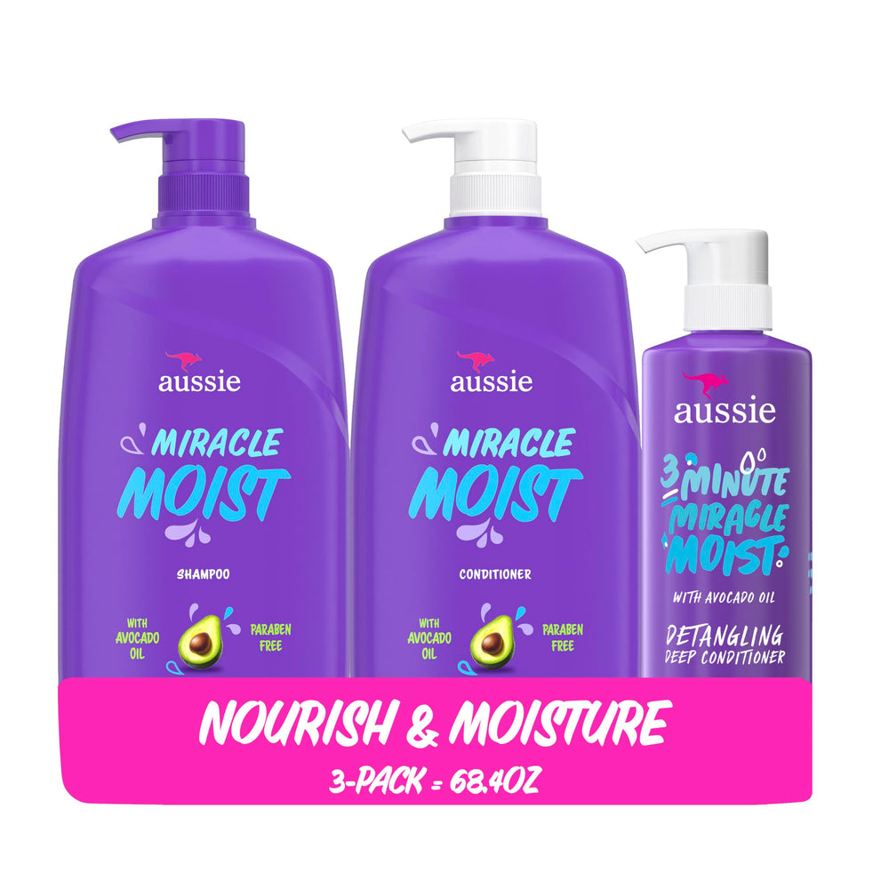 Aussie Miracle Moist shampoo bottle with citrus floral scent for smooth detangling.