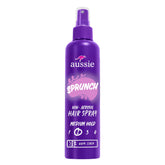 Aussie Sprunch hairspray bottle showing strong hold for curls