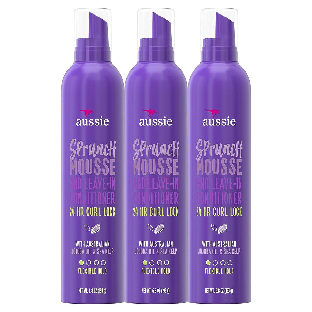 Aussie Sprunch Mousse bottle showcasing flexible, long-lasting curl hold.