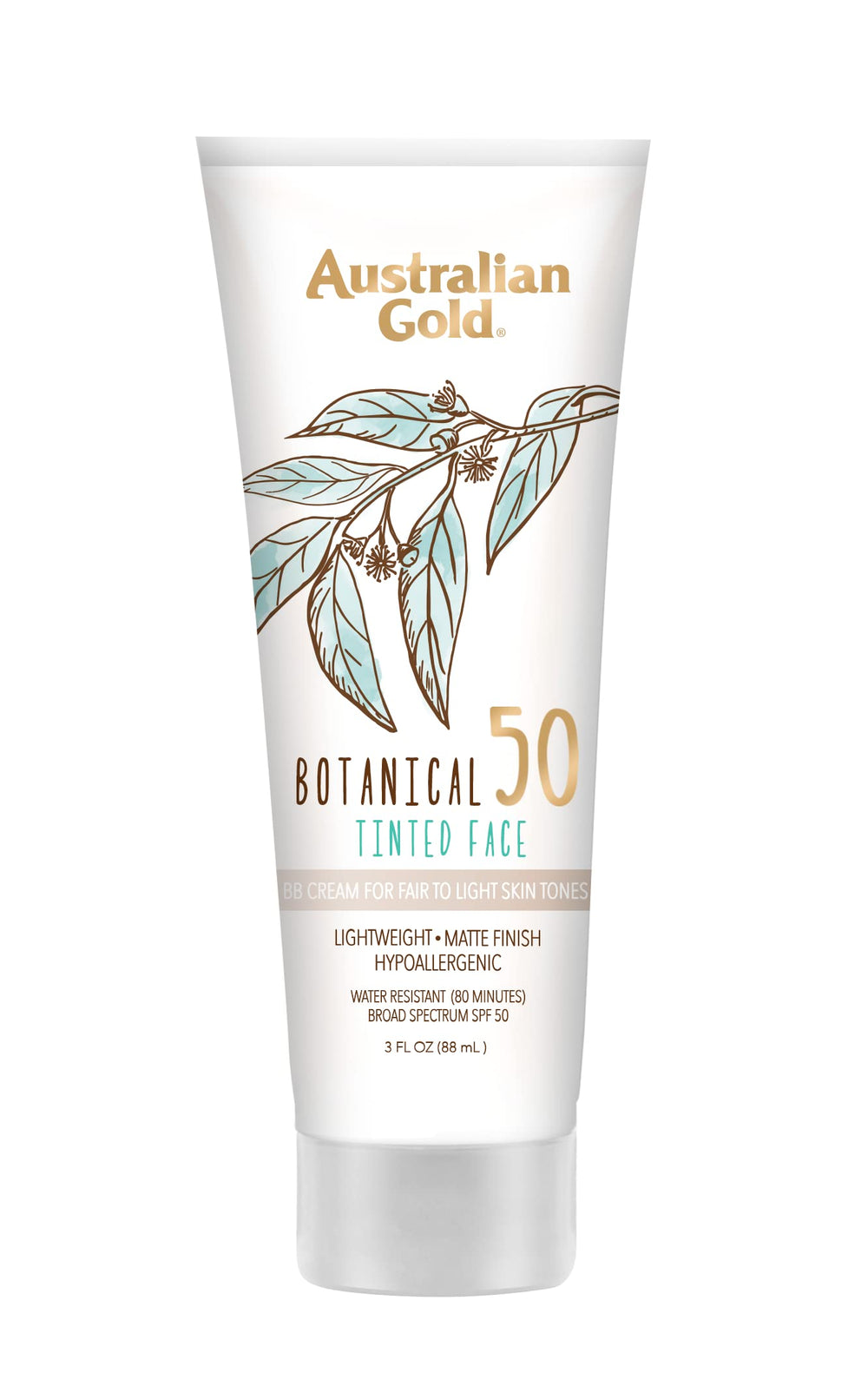 Australian Gold Botanical SPF 50 tinted mineral lotion bottle with mineral sunscreen.