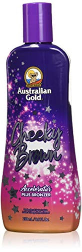 Australian Gold Cheeky Brown Accelerator bottle designed for indoor tanning with a bronzing effect.