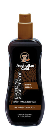 Australian Gold Dark Tanning Accelerator Spray Gel bottle ready for outdoor tanning, boosting bronze glow.