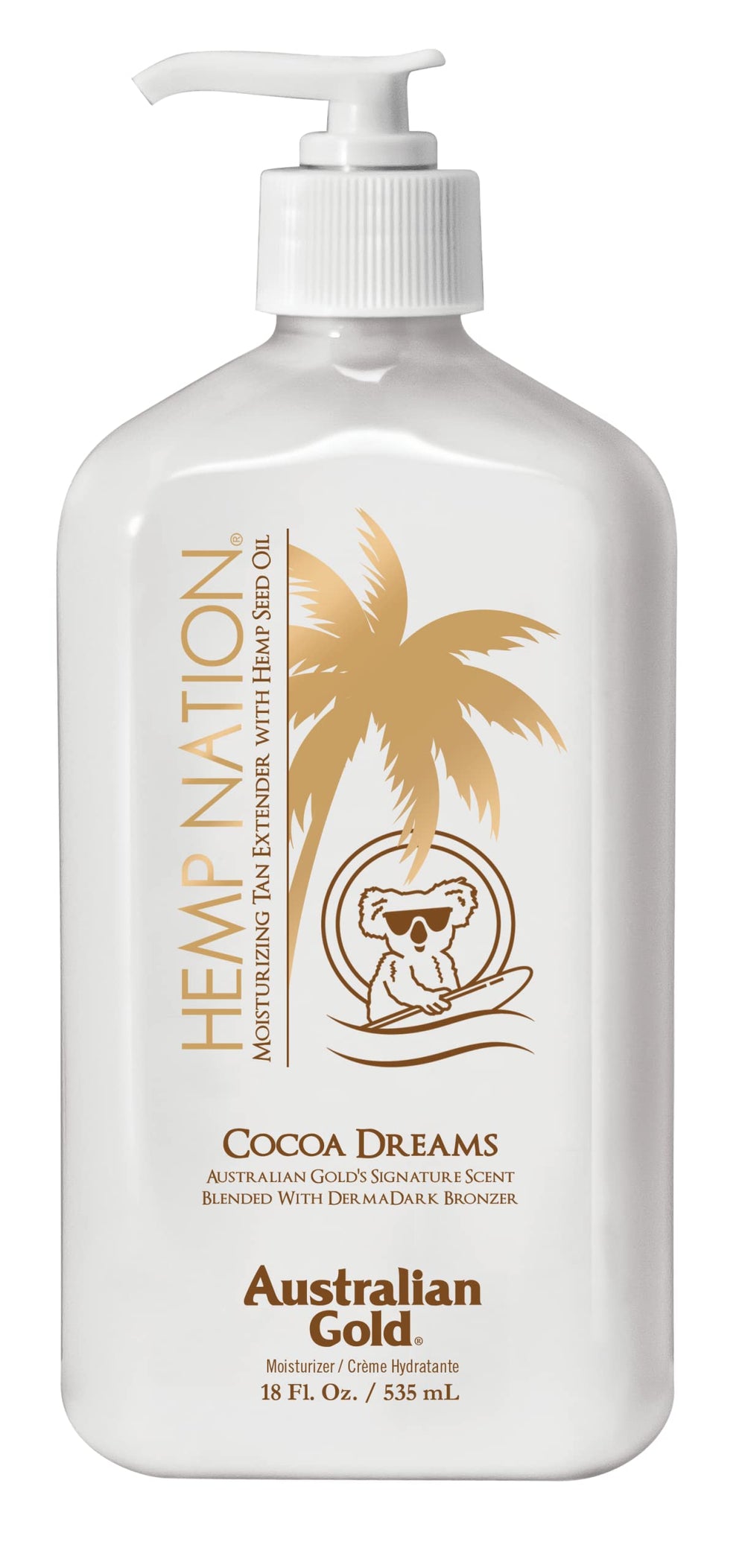 Australian Gold Hemp Nation Cocoa Dreams tan extender bottle showing hydrating hemp seed oil formula