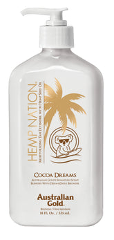 Australian Gold Hemp Nation Cocoa Dreams tan extender bottle showing hydrating hemp seed oil formula