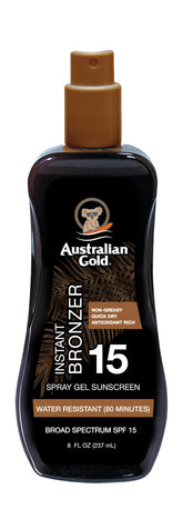 Australian Gold Spray Gel protección solar SPF 15, aplicación rápida y ligera.