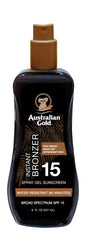 Australian Gold Spray Gel protección solar SPF 15, aplicación rápida y ligera.