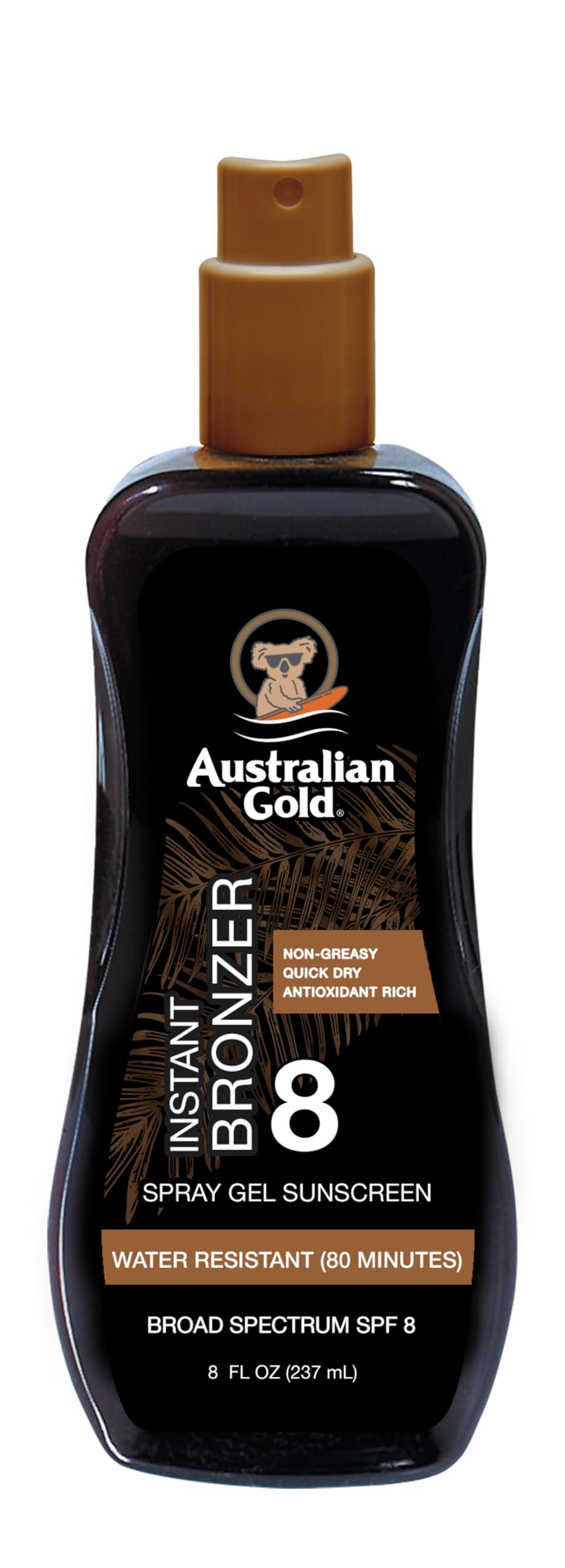 Australian Gold Spray Gel SPF 8 con pulverizadora para aplicación rápida y protección solar