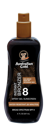 Australian Gold Spray Gel SPF 8 con pulverizadora para aplicación rápida y protección solar