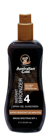 Australian Gold spray gel SPF4 bronceado instantáneo y hidratación suave.