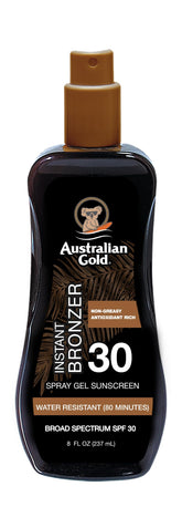 Australian Gold spray gel sunscreen bottle for easy, even coverage.