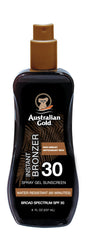 Australian Gold spray gel sunscreen bottle for easy, even coverage.
