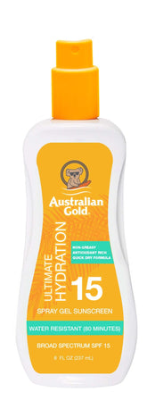 Australian Gold Spray Gel Sunscreen shows pump application for fast, even coverage.
