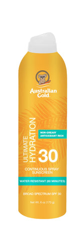 Australian Gold protector solar en spray SPF 30 sobre la botella, listo para uso al exterior