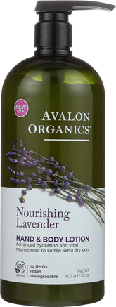 Avalon Organics Nourishing Lavender lotion bottle—32 oz for deep hydration.