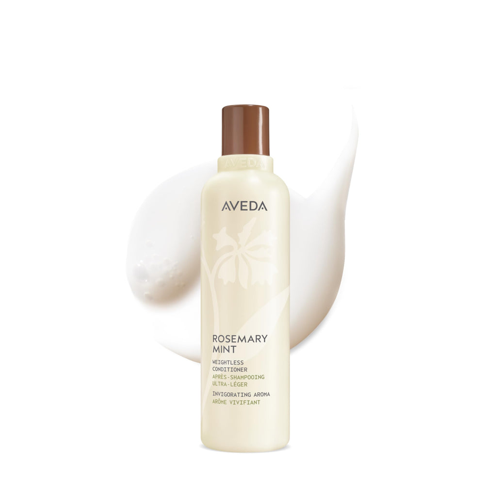 Aveda Acondicionador Romero y Menta, botella, cabello ligero con brillo.