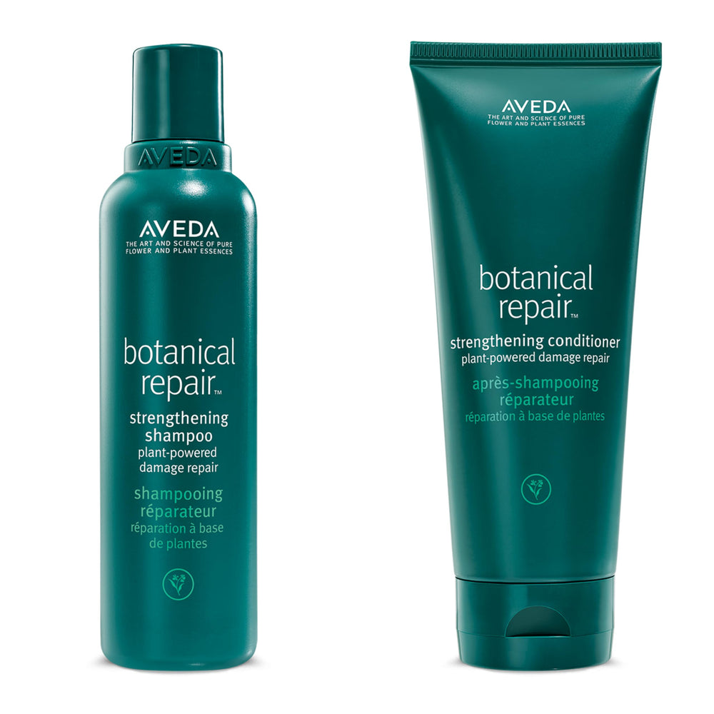 Aveda Botanical Repair shampoo bottle with bond-building action strengthens hair