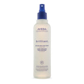 Aveda Brilliant Medium Hold Spray bottle front view showing brand and shiny finish for all hair types.