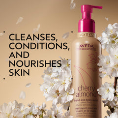 Aveda Cherry Almond Hand & Body Wash pour highlighting almond oil for nourishing conditioning.
