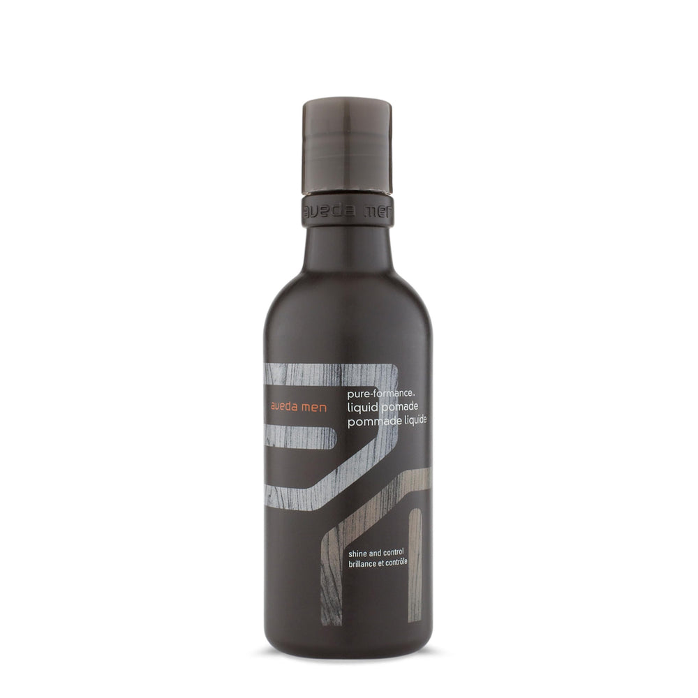 Aveda Men Pure-Formance Liquid Pomade bottle closeup for natural hold and shine