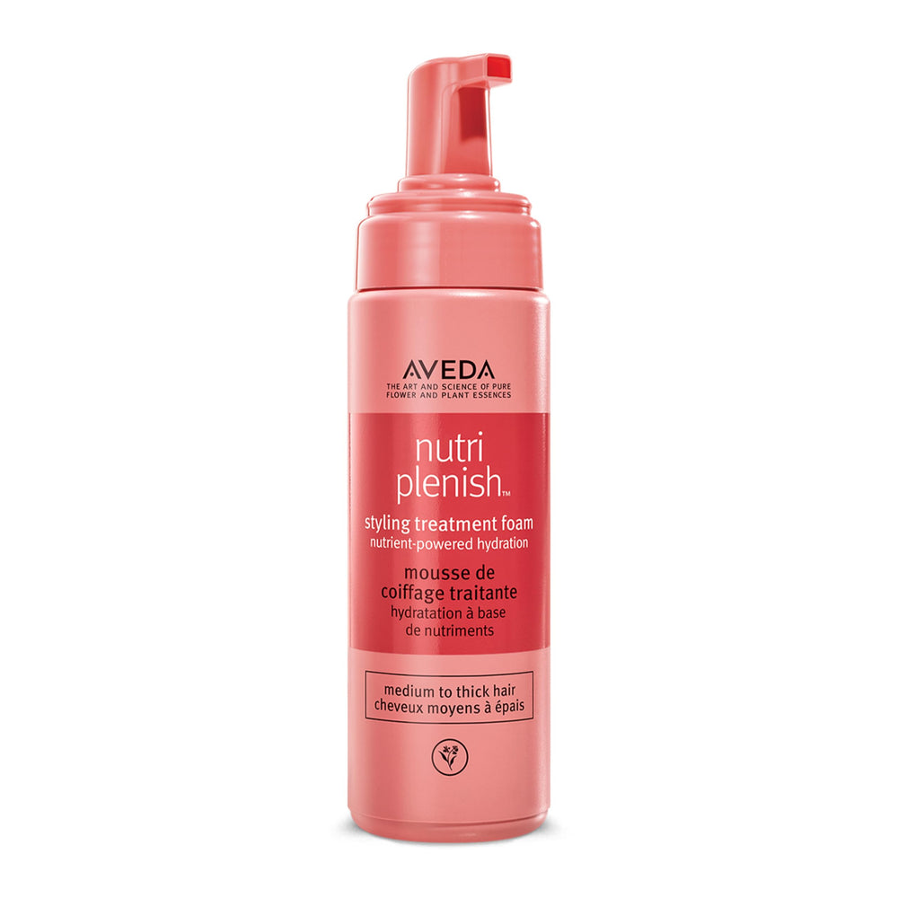 Aveda Nutriplenish Styling Treatment Foam bottle closeup highlighting a hydrating formula.