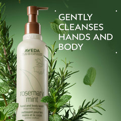 Aveda Rosemary Mint Hand & Body Wash pump dispenser for convenient cleansing and refreshment.