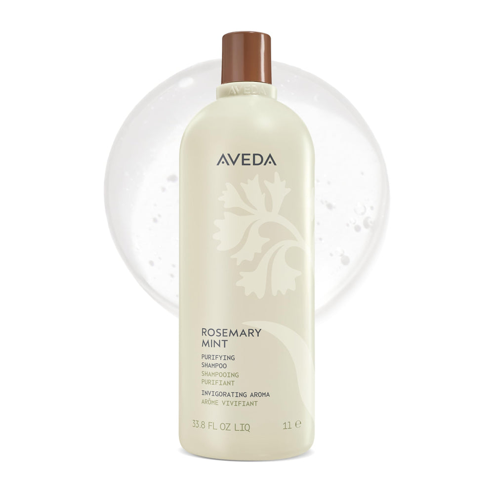 Aveda Rosemary Mint Purifying Shampoo bottle displayed for daily cleansing on oily hair