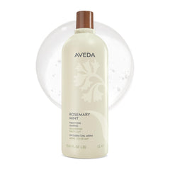 Aveda Rosemary Mint Purifying Shampoo bottle displayed for daily cleansing on oily hair