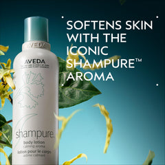 Aveda Shampure aroma label closeup highlighting 25 plant essences for calming fragrance