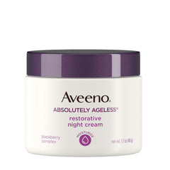 Aveeno Absolutely Ageless night cream label highlights Blackberry Complex and vitamins.