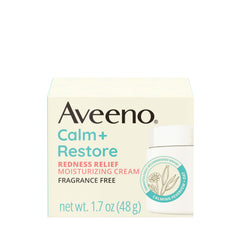 Aveeno Calm and Restore face cream jar shows calming hydration for redness-prone skin.