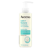 Aveeno Calm + Restore limpia con gel lechoso, suave para piel sensible.