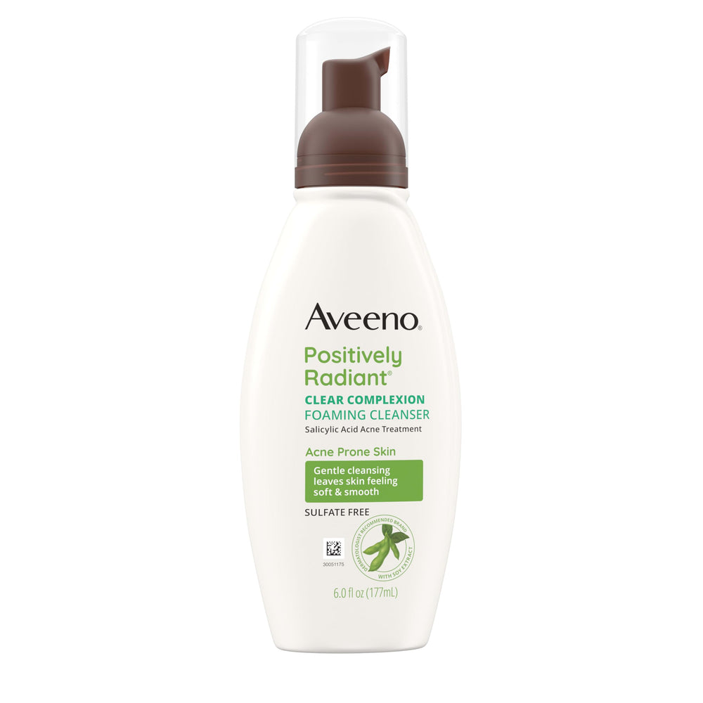 Aveeno Clear Complexion foaming cleanser bottle for daily oil-free cleansing.