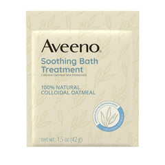 Aveeno colloidal oatmeal powder dissolves in bath water to soothe irritated skin.
