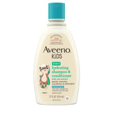 Aveeno Kids 2-en-1 botella muestra cabello suave y desenredado tras usar el producto