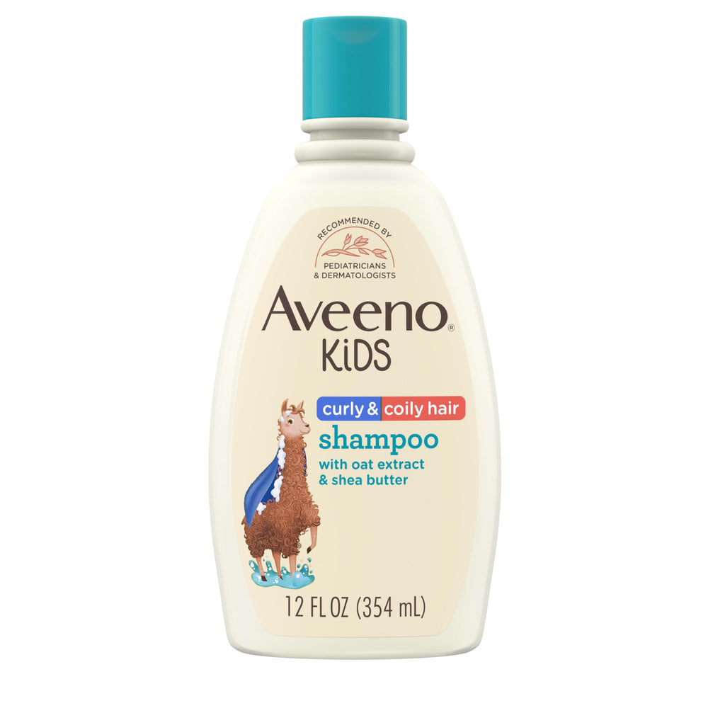 Champú Aveeno Kids Curly & Coily Hair Shampoo en botella, hidratación suave para rizos.