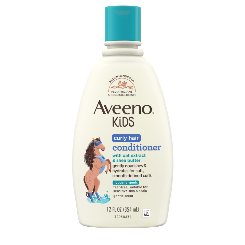 Aveeno Kids Curly Hair Conditioner bottle with oat extract nourishes curls.