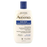 Aveeno loción anti-picor, frontal de la botella, ofrece cuidado calmante para uso diario.