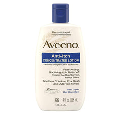Aveeno loción anti-picor, frontal de la botella, ofrece cuidado calmante para uso diario.