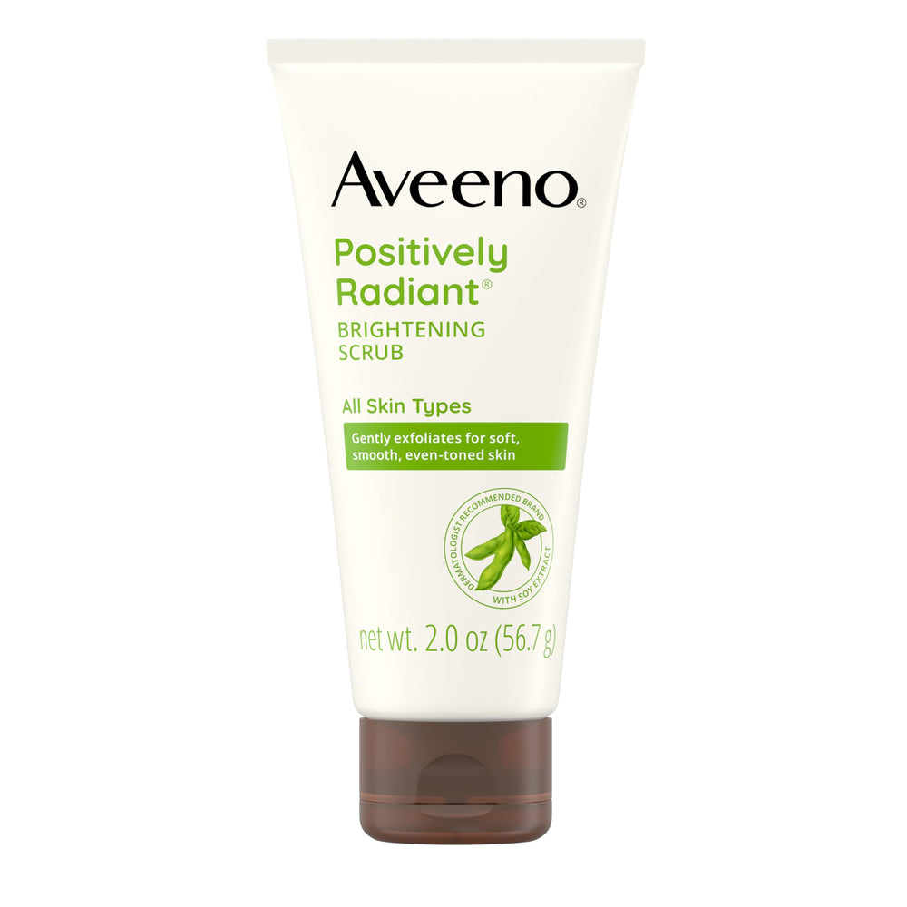 Aveeno Positively Radiant face scrub tube shown for daily cleansing and exfoliation.