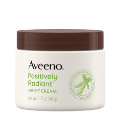 Aveeno Positively Radiant night cream jar closeup for silky nightly hydration