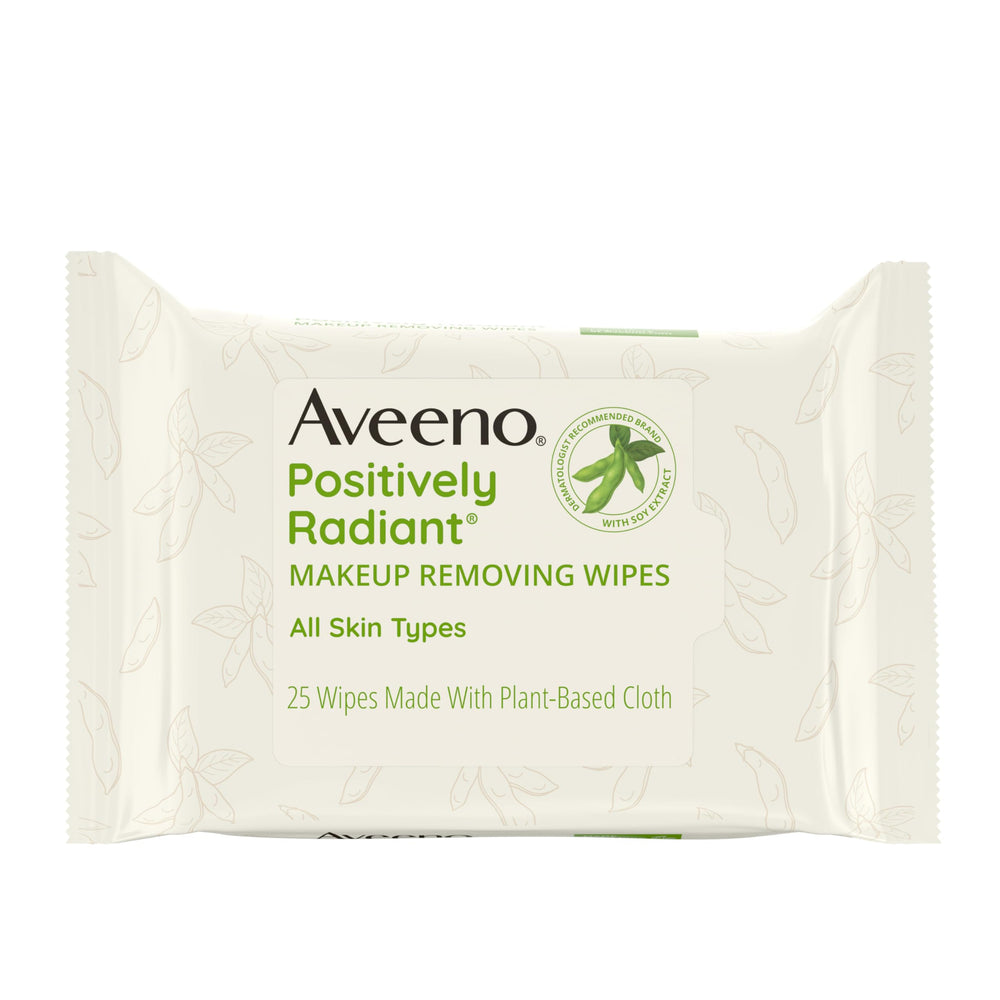 Aveeno Positively Radiant wipes pack for quick makeup removal.
