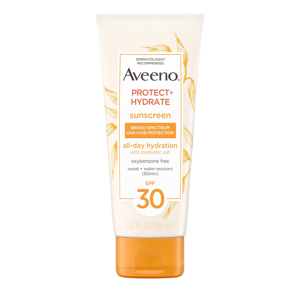 Aveeno Protect + Hydrate, frasco con SPF 30 para protección diaria de la piel.