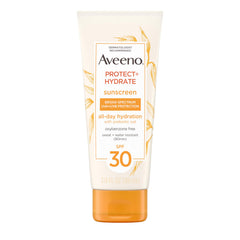 Aveeno Protect + Hydrate, frasco con SPF 30 para protección diaria de la piel.