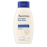 Aveeno Skin Relief Fragrance-Free Body Wash bottle being poured for gentle cleansing of sensitive skin.