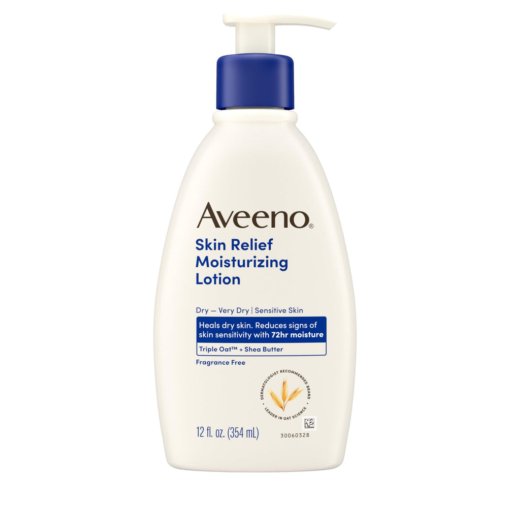 Aveeno Skin Relief, bote de 12 oz, alivia piel muy seca con absorción rápida.