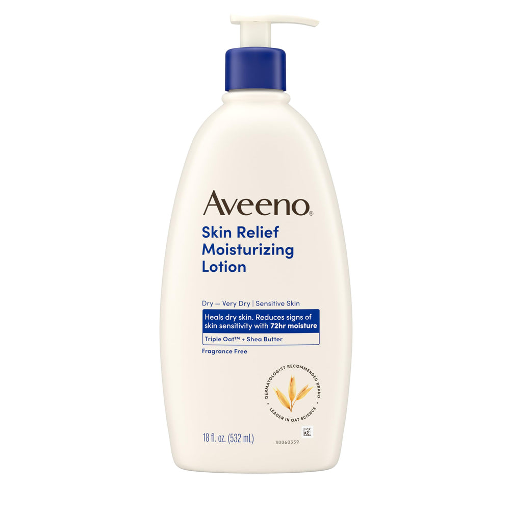 Aveeno Skin Relief lotion bottle showing fragrance-free formula for sensitive skin.