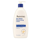 Aveeno Skin Relief lotion bottle showing fragrance-free formula for sensitive skin.
