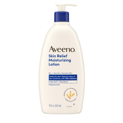 Aveeno Skin Relief lotion bottle showing fragrance-free formula for sensitive skin.