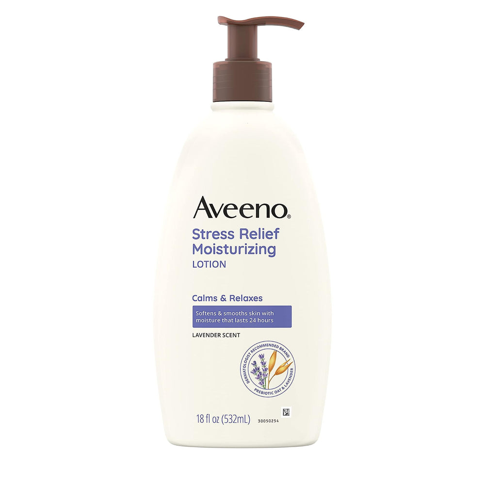 Aveeno Stress Relief lotion bottle pouring lavender scent to calm and hydrate skin.