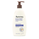 Aveeno Stress Relief lotion bottle pouring lavender scent to calm and hydrate skin.
